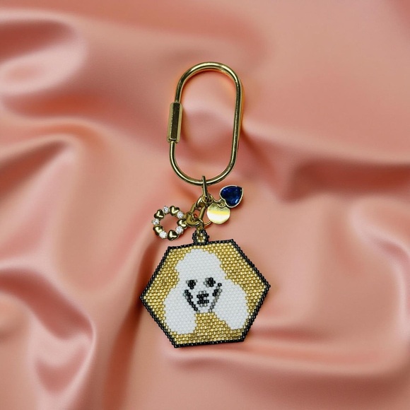 Hand Crafted Beaded White Poodle Face Gold Color Keychain with Charms - Picture 8 of 9
